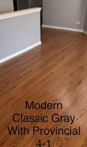 After: oak floor refinished with a custom Classic Gray and Provincial stain blend