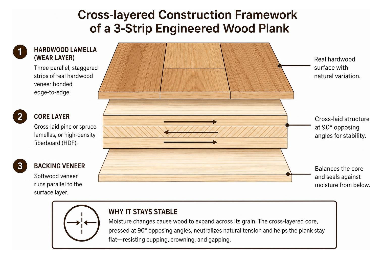 Cross-layered construction framework of a 3-strip engineered wood plank