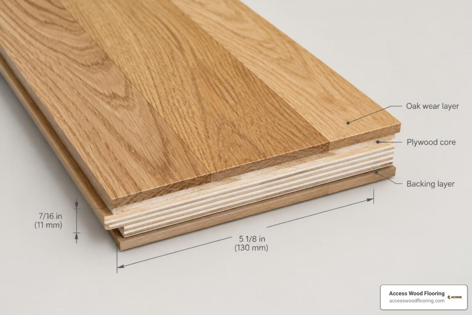 Cross-section showing multi-layer 14/3 engineered wood dimensions