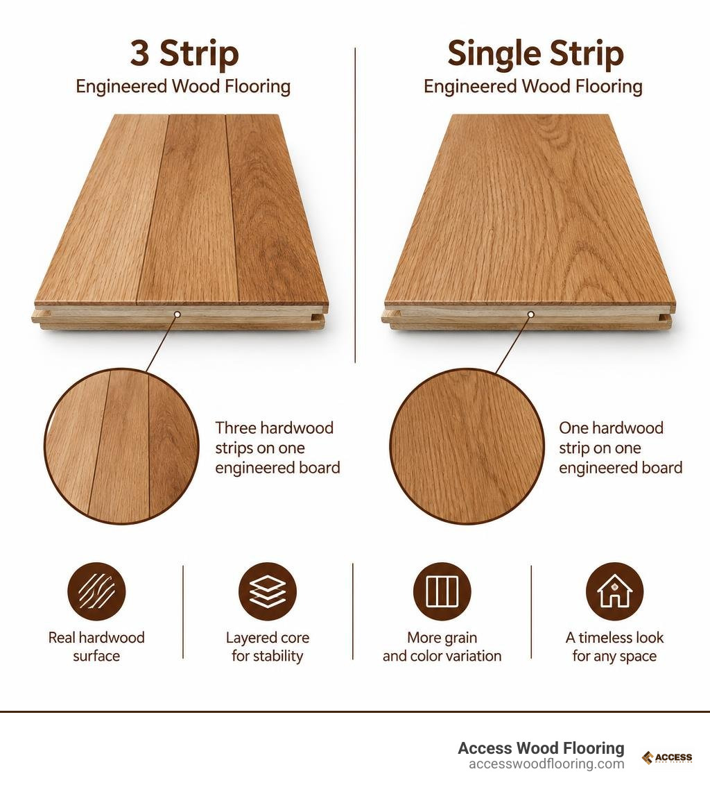 Three hardwood strips on one engineered board compared with a single-strip board infographic